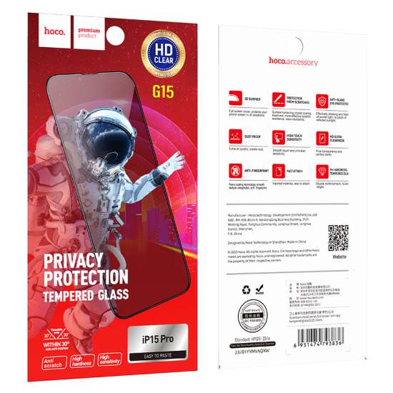 PELLICOLA HOCO. Vetro temperato SPY G15 Full screen Privacy per iPhone 15 Pro